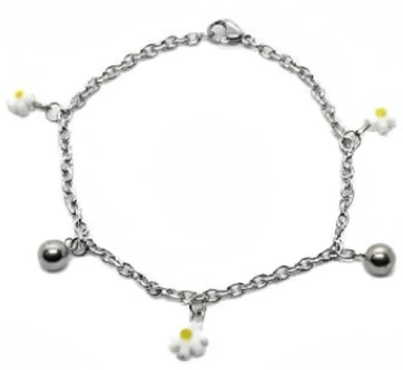 Pulsera de Acero Quirurgico eslabon tiff con bolitas y flor murano blanca amarilla 18cm